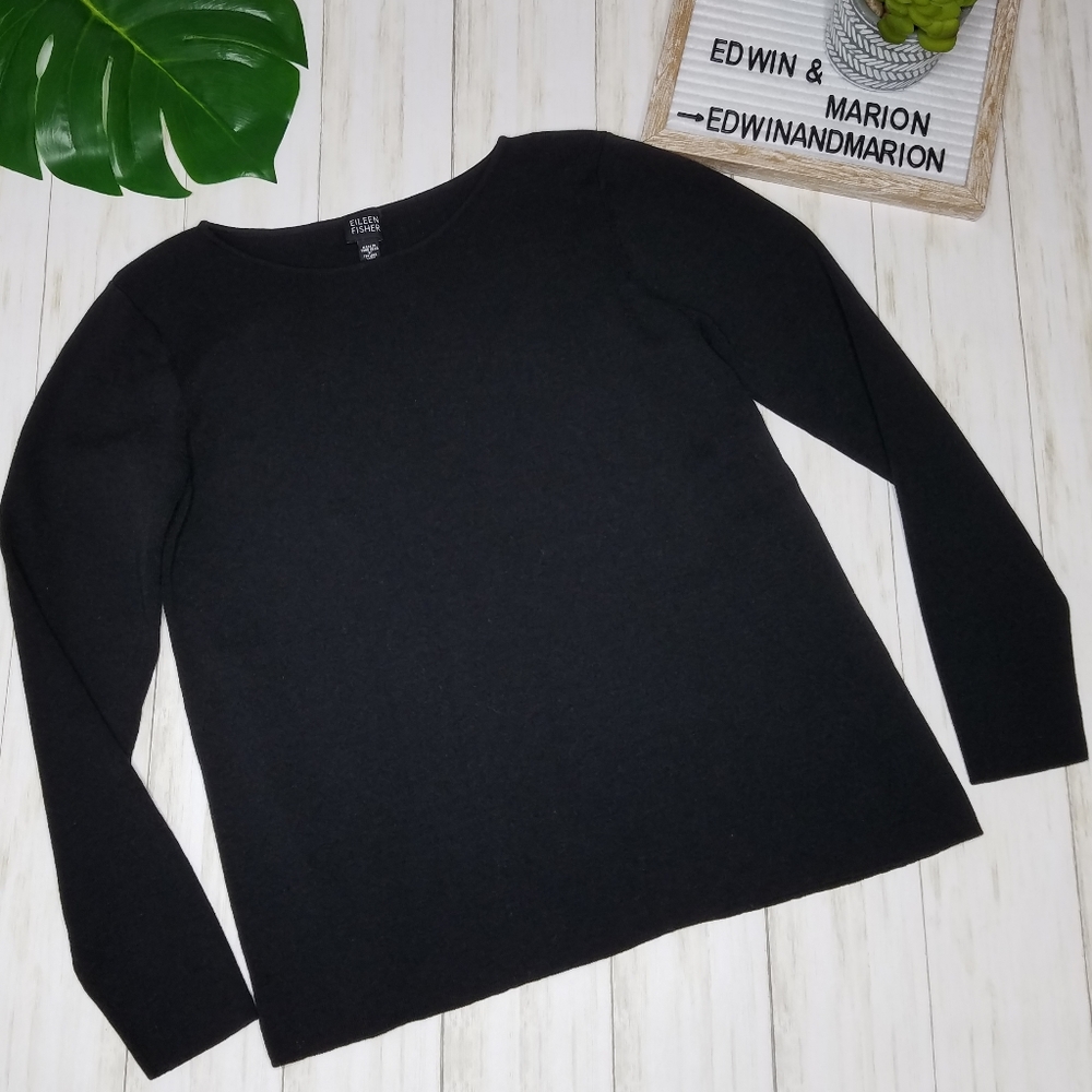 Eileen Fisher 100% Wool Long Sleeve Black Sweater